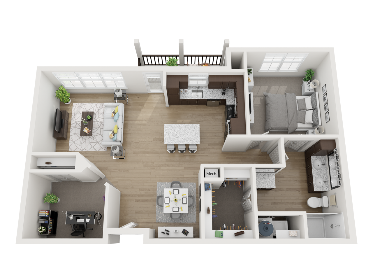 Floor plan for 1 bed, 1 bath, 977 sqft